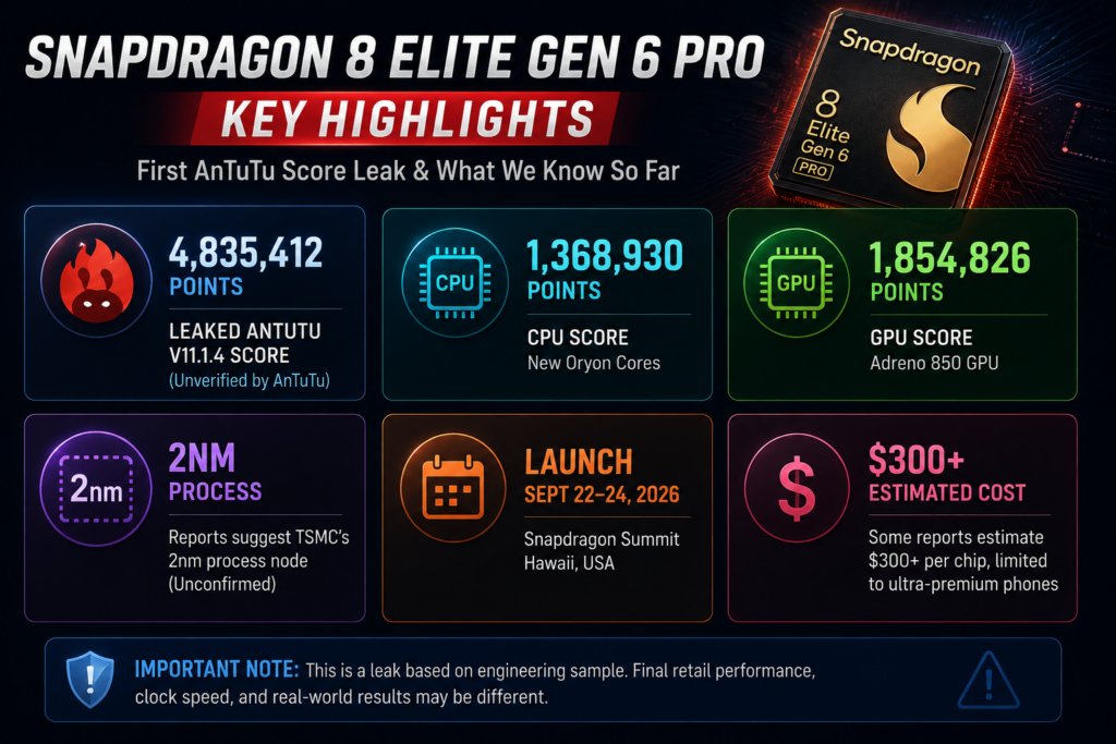 Snapdragon 8 Elite Gen 6 Pro key highlights infographic with benchmark score and specifications