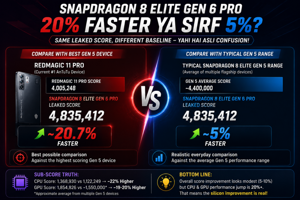 Snapdragon 8 Elite Gen 6 Pro performance comparison showing 20 percent versus 5 percent improvement
