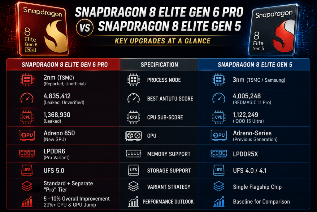 Snapdragon 8 Elite Gen 6 Pro versus Snapdragon 8 Elite Gen 5 specifications comparison
