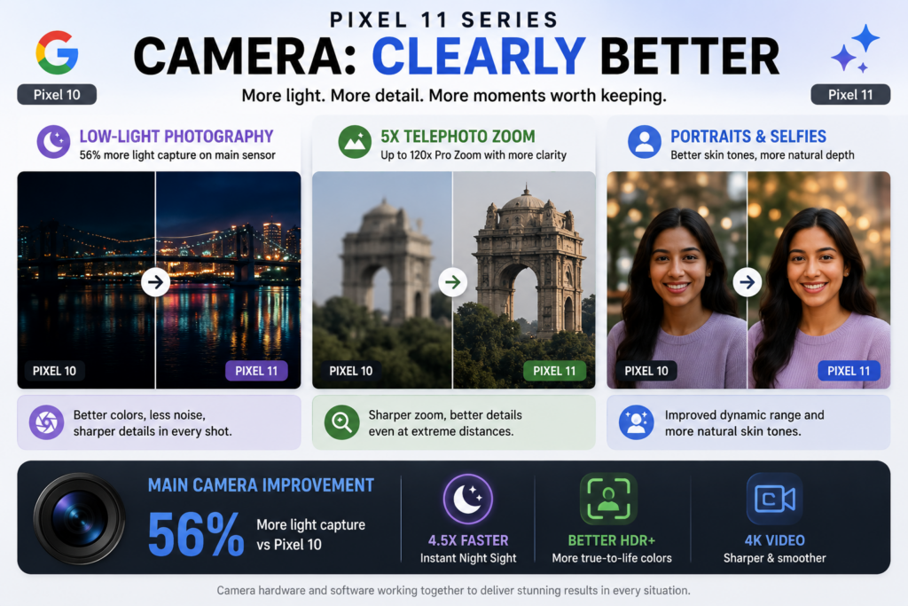Google Pixel 11 Pro camera specifications with 50MP main camera, ultrawide and telephoto lenses