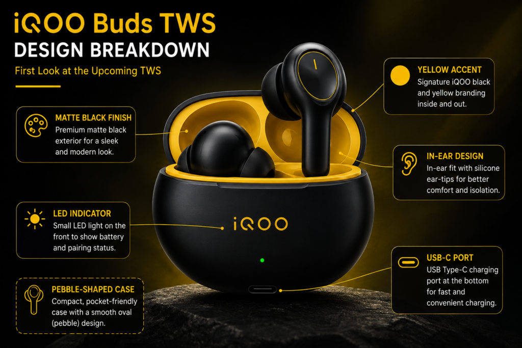 iQOO Buds TWS design teaser showing black finish yellow accents and in-ear earbuds
